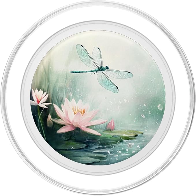 Aesthetic Floral Lotus And Dragonfly Watercolor Art PopSockets PopWallet for MagSafe