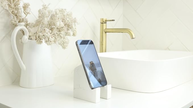 FLOWMAR Marble Phone Stand for Desk – Heavy Quartz Cell Phone Holder Luxury Black Marble Phone &amp Tablet Stand Stable Desk Phone Holder Case Friendly Charging Compatible