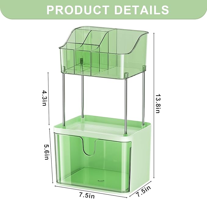Makeup Organizer Countertop with Drawer, Bathroom Counter Organizers, Anti-Slip Dustproof Exquisite Dresser Vanity Storage for Skin Care Perfume Beauty Lipstick,Green