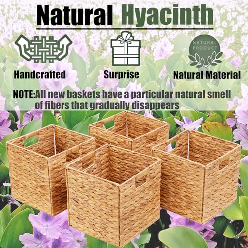 11x11in Storage Baskets 4 Pcs Square Baskets for Cube Shelf,Foldable Handwoven Water Hyacinth Storage Bins for Laundry Organizer