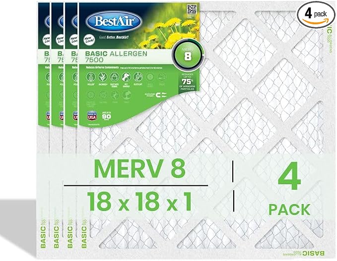 BestAir 18x18x1 Air Filter | MERV 8 Basic Allergen 7500 HVAC AC Furnace Filter