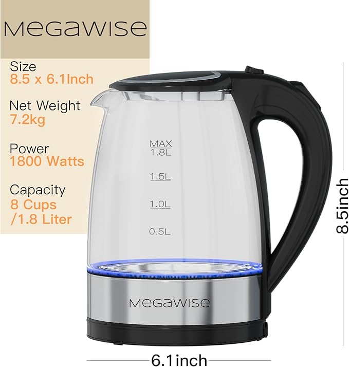 MEGAWISE 1.8L Electric Glass Kettle with Auto Shut-Off and Blue LED