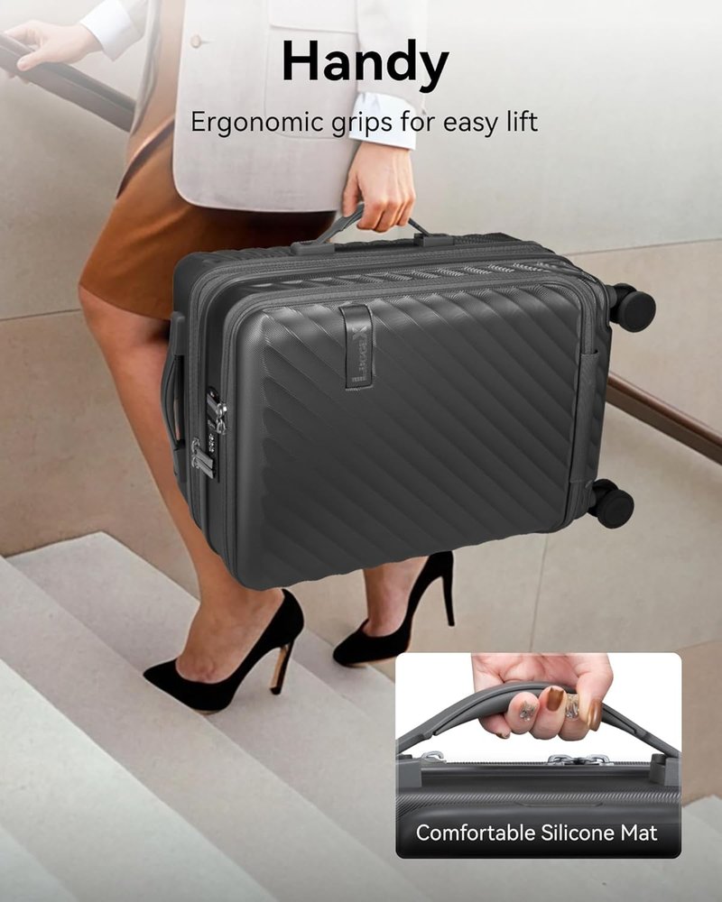Carry On Luggage with Front Compartment and Cup Holder, KVF Expandable PC Hard Shell Suitcase with Front Pocket (FX-Plus, Ruby Red, 2-Piece (20/Tote))
