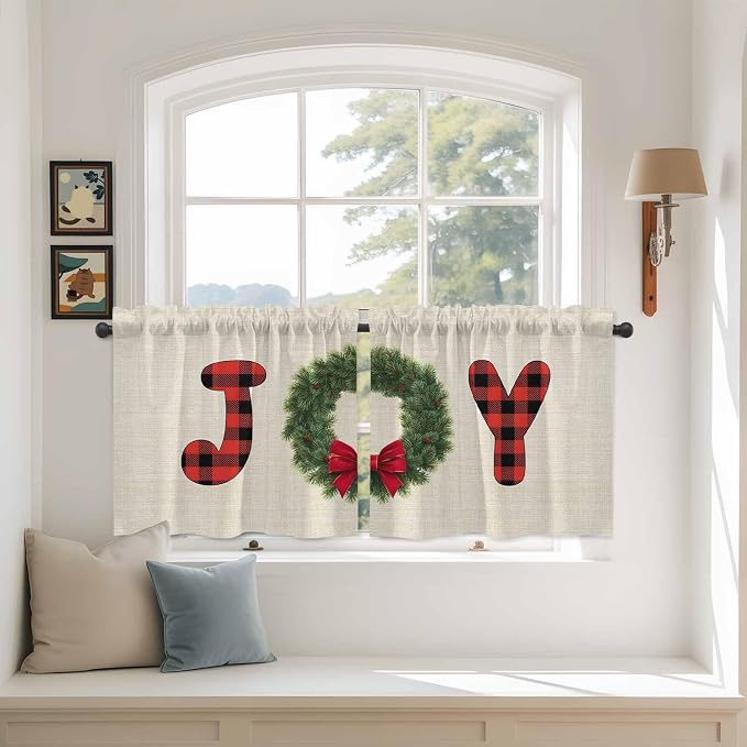 Red Green Christmas Kitchen Tier Curtains 36 Inch Long 2 Panel Set, Rod Pocket