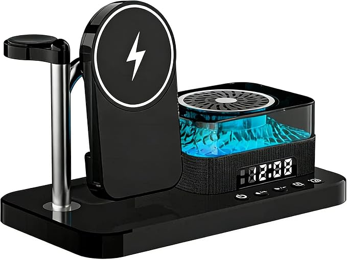 8-in-1 Desktop Charging Station with Bluetooth Speaker RGB Ambient Light Digital Clock Phone Stand Wireless Charger for Phone Watch and Earbuds Black/White (Black)