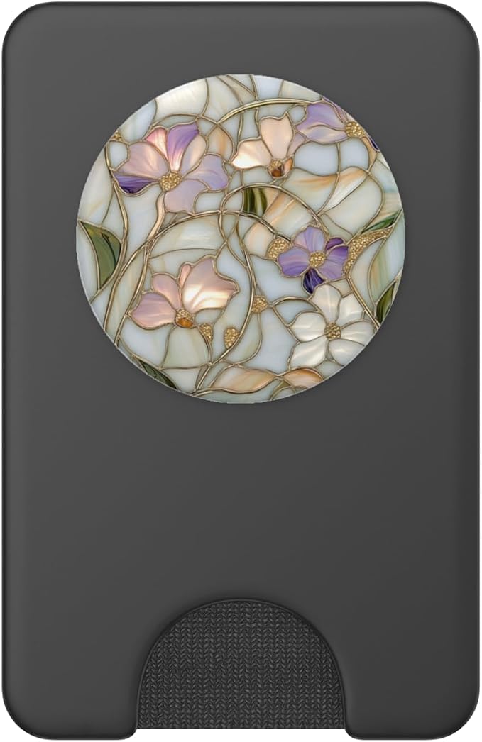 Stained Glass Floral Print with Purple Flowers PopSockets PopWallet for MagSafe