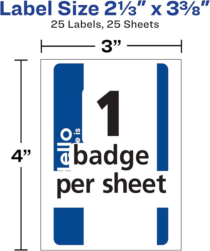 Avery Customizable Name Tags, Hello My Name is, 2-1/3" x 3-3/8", White, Blue Border, Removable Adhesive, Non-Printable, 25 Total (6175)