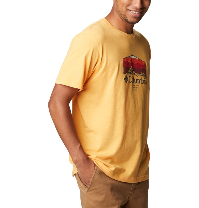 Columbia Men's Thistletown Hills Graphic Short Sleeve, Mango Heather/Hikers Graphic, X-Large Tall