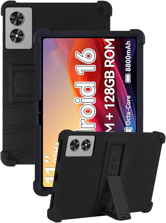 Case for Frameflow P11T Android 16 Tablet 11 Inch (Dark Black) | Soft Silicone Kids Friendly Protective Cover with Adjustable Stand Drop-Proof