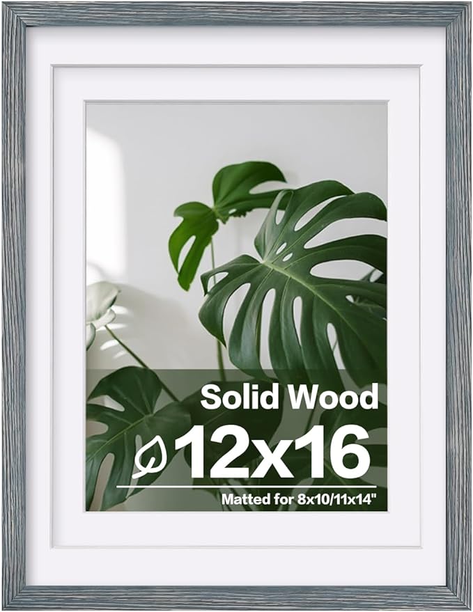 Egofine 12x16 Picture Frame Made of Solid Wood Covered by Plexiglass, Display Pictures 9x12/11x14 with Mat or 12x16 Without Mat for Wall Mounting Photo Frame, Rustic Blue