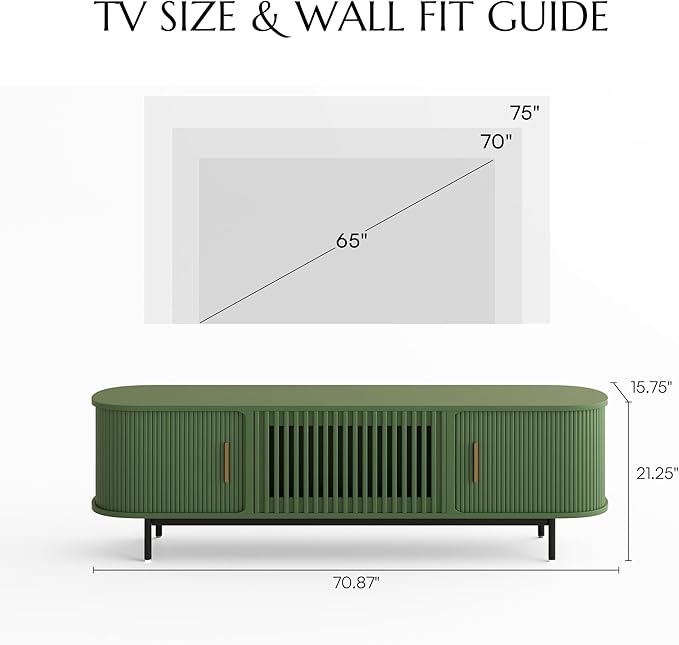 POVISON Fully-Assembled Modern Green TV Stand with Tambour Doors, Fluted TV Media Console for 65 Inch TVs, Sliding Door Entertainment Center with Storage for Living Room (Green, 70.87")