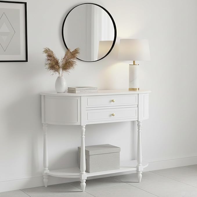 White Entryway Table Narrow, Half Moon Console Table with Two Drawers, Solid Wood Mid Century Modern Console Table with Adjustable Legs for Living Room, Foyer, or Hallway