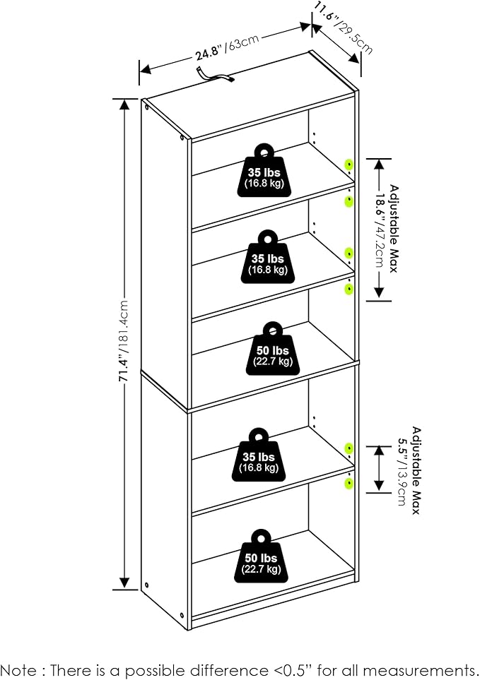 Furinno GEHRY Book Shelf, 5-Tier Bookshelf, Bookcase with Adjustable Shelves, 11.6 x 24.8 x 71.4, for Living Room, Bedroom, Home Office, White