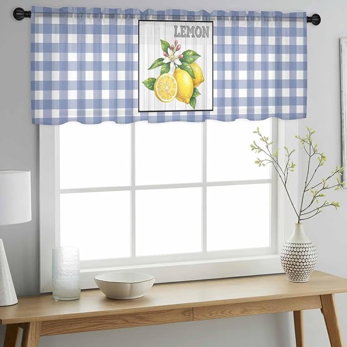 Lemon Sheer Valance Curtains, Summer Fruit Floral Wood Grain Blue Plaid Light