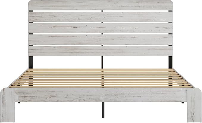 King Size Bed Frame with Wooden Headboard and Footboard, Rustic Platform Bedframe with Wood Slat Support, No Box Spring Needed, Under Bed Storage, Easy Assembly, White