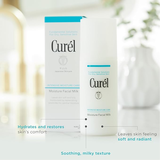 Curel Japanese Skin Care Moisture Facial Milk Moisturizer, Daily Face Lotion for Dry Sensitive Skin, pH Balanced, Unscented Advanced Ceramide Care Face Cream without Drying Alcohols, 4 Oz