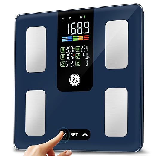 GE Smart Scale for Body Weight, BMI, Fat, Muscle Mass, Digital Bathroom Scales 500lbs Bluetooth 11.8" Large Platform Weighing Machine Health Monitor with App, Blue Button Control