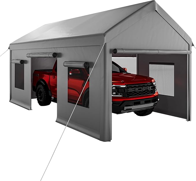 Garvee 10x20 Carport Canopy, Heavy Duty Car Port with Waterproof Tarp, Roll-Up Windows & Doors, Outdoor Portable Garage with Removable Sidewalls, for Car, Boat, Truck, Motorcycle, Grey