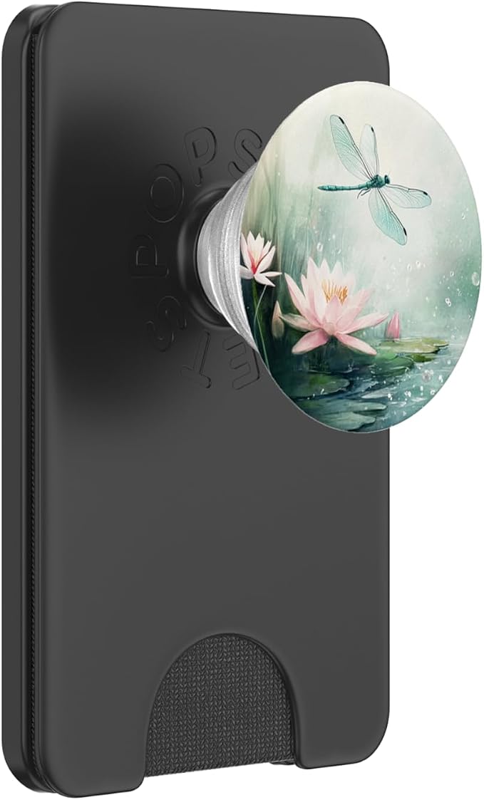 Aesthetic Floral Lotus And Dragonfly Watercolor Art PopSockets PopWallet for MagSafe