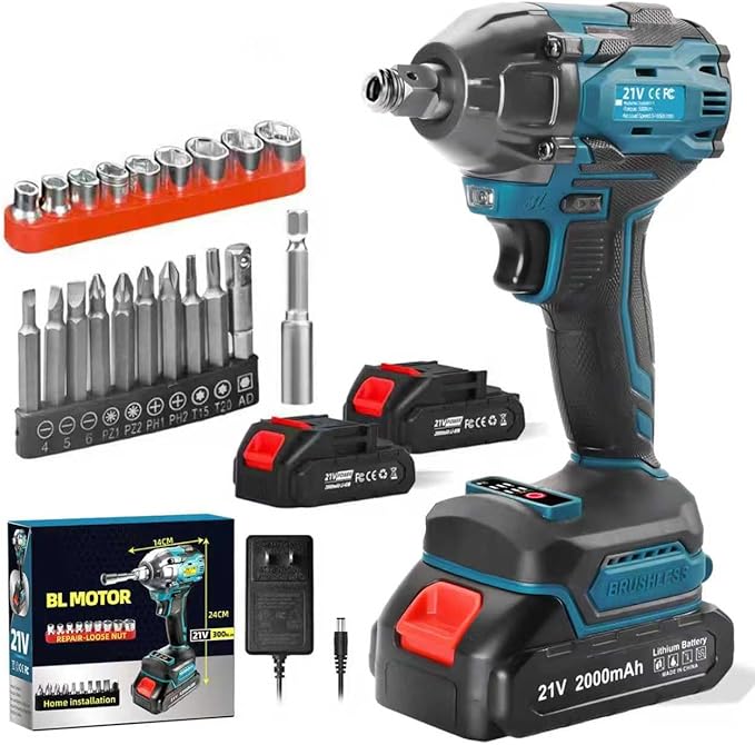 Cordless Impact Wrench, 21V Torque Power Impact Driver, 1/2" Power Impact Wrenches with 2 * 2.0Ah Batteries with 19 Accessories, Electric Impact Motor Variable Speeds for home installation (Blue)