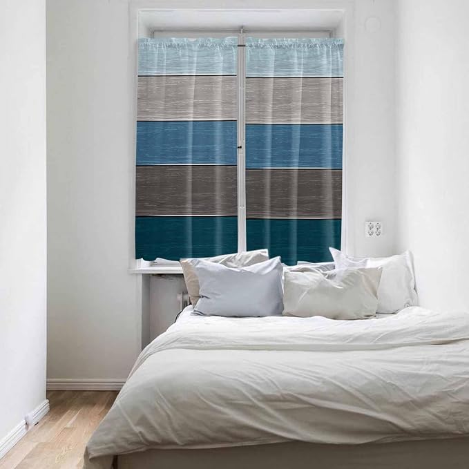 Retro Farm Blue Gray Wood Grain Window Valance Curtains, Rustic Wooden Plank