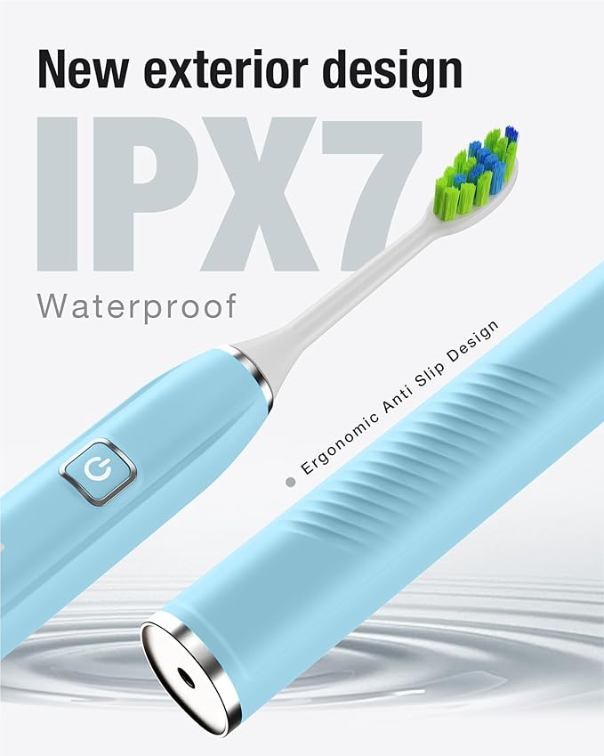 7AM2M Sonic Electric Toothbrush with 6 Brush Heads for Adults&Kids, One Charge for 120 Days, Wireless Fast Charge, 5 Modes, 40000VPM Powered Toothbrush, 2 Minutes Built in Smart Timer (Light Blue)