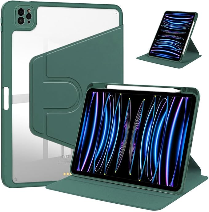 iPad Pro 11 Case 4th/3rd/2nd/1st Gen Balck | 360° Rotating Pencil Holder Compatible with 2022/2021/2020/2018 Clear Acrylic Back Auto Sleep/Wake