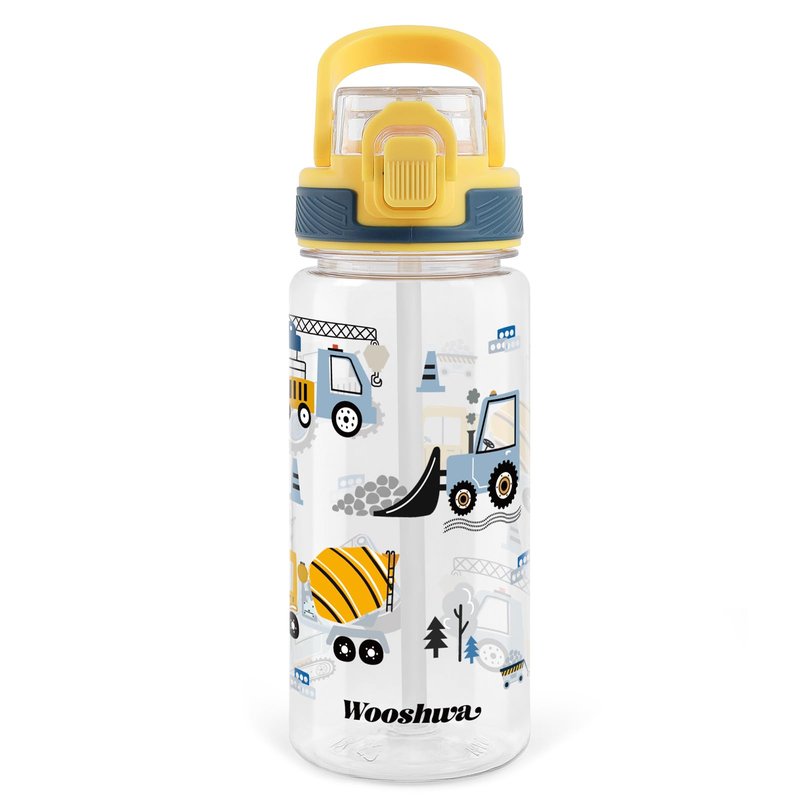wooshwa Kids Water Bottle for School, 20 Oz Plastic Water Bottle with Silicone Spout and Pop-Up Cover, BPA Free & Dishwasher Safe (Excavator)