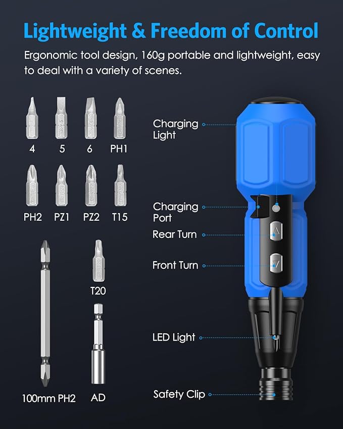 AMIR Power Screwdriver Cordless Rechargeable, Electric Screwdriver Sets, Portable Automatic Home Repair Tool Kit, Motorized Screwdriver with LED Lights and USB Cable, Blue