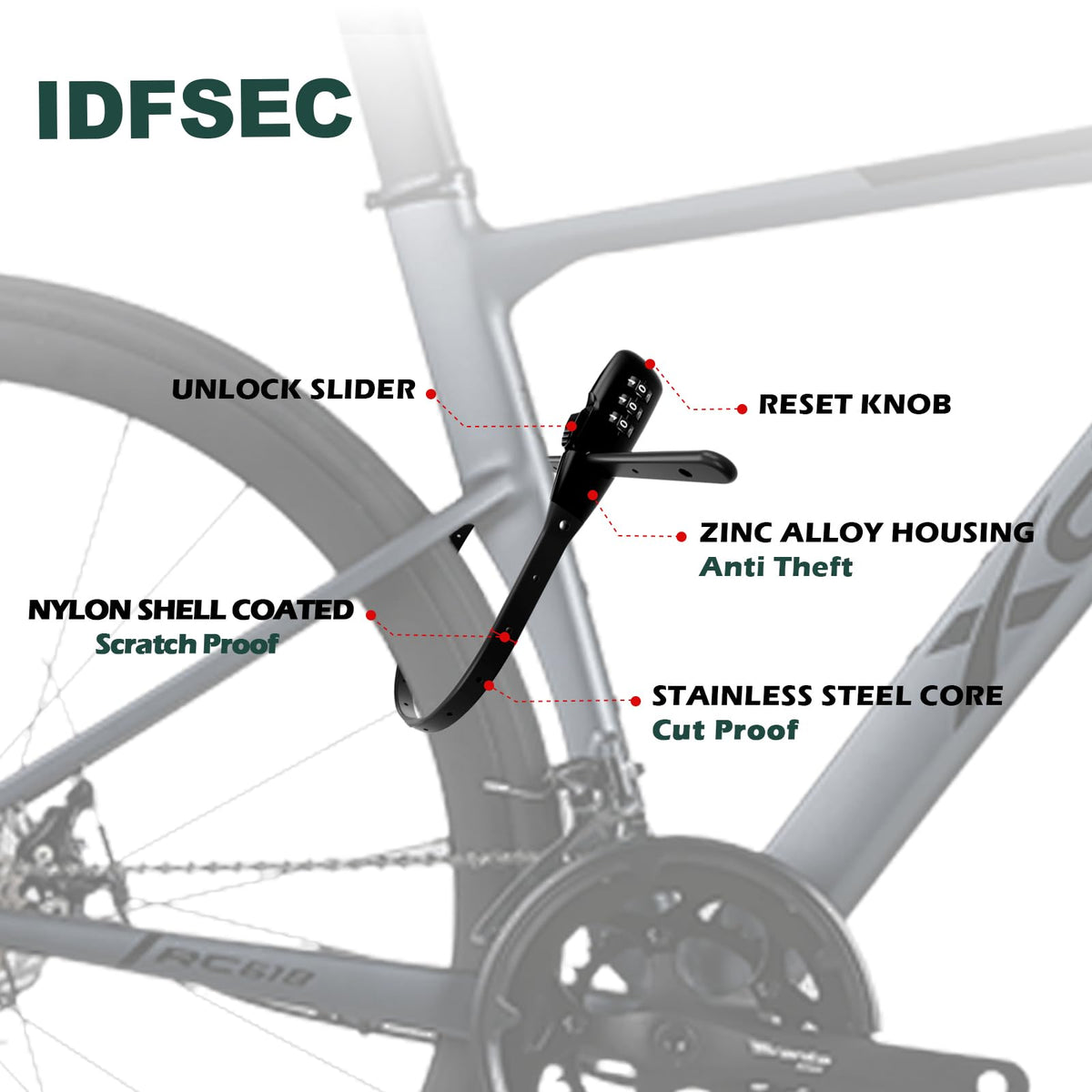 iDFSEC Zip Tie Bike Lock, Adjustable Cable Lock with Stainless Steel Core - Multi-Purpose Cable Lock for Securing Bike Rack, Helmets, Skis, Snowboards, Gates (3/Pack, Black)