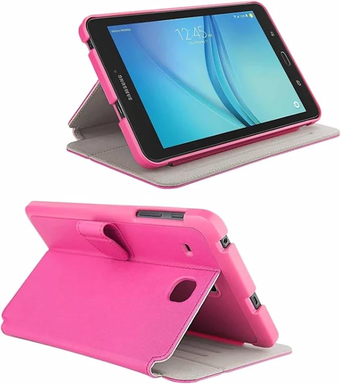 Verizon OEM Leather Folio / Slim and Light Cover Case for Samsung Galaxy Tab E 8'' (With Stand and Auto Wake / Sleep Feature) - Pink