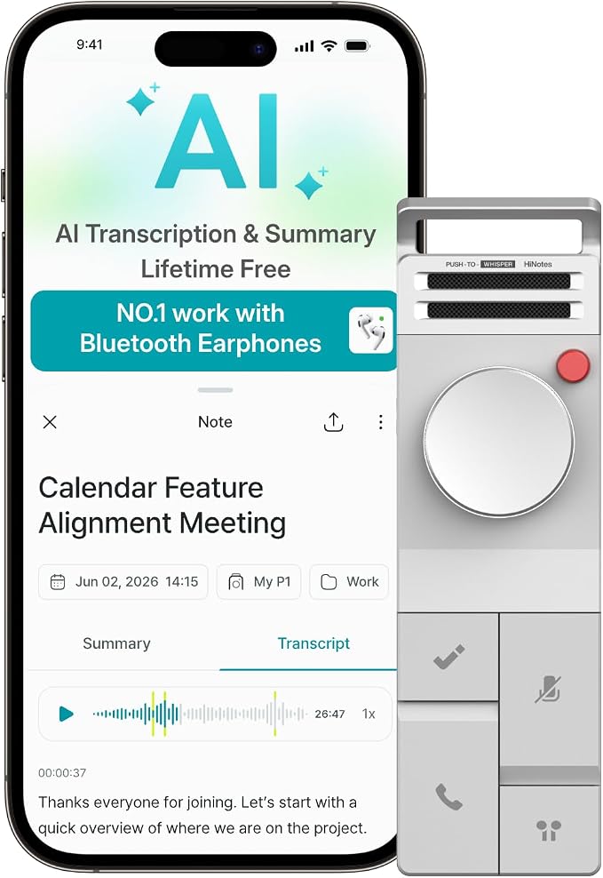 HiDock P1 AI Voice Recorder: Smart Voice Recorder Work with Bluetooth Earbuds Portable Digital Recording Device BlueCatch Tech Meeting Transcription Summary Playback HiNotes Control 64GB(Space Gray)