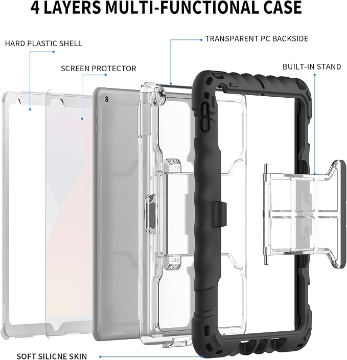 Kids Case for iPad 9th 8th &amp 7th Generation 10.2 Inch Heavy Duty Shockproof Protective Cover with Built-in Screen Protector Kickstand Pencil Holder Hand Strap &amp Shoulder Strap (Black)