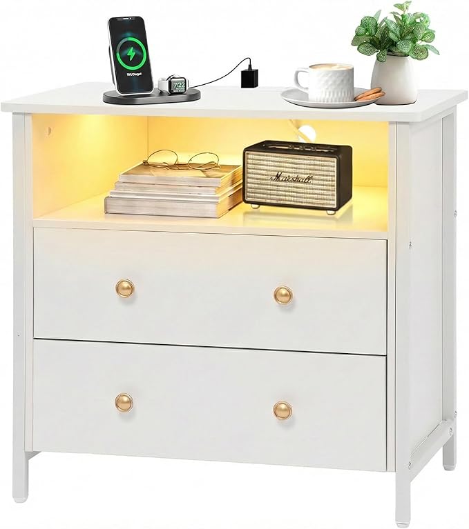 Tykacna 27 Inch Wide Night Stand, Large Wood Night Stand with 2 Drawers, LED Nightstand with Charging Station and Adjustable Drawer, Bedside Table for Living Room/Bedroom/Study/Office, White.