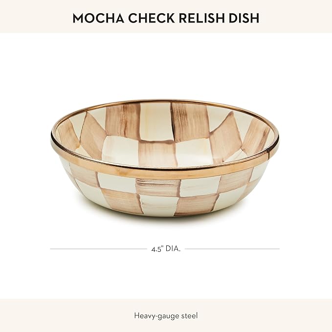 MACKENZIE-CHILDS Enamel Relish Dish, Small Serving Bowl for Entertaining, Brown-and-White Mocha Check
