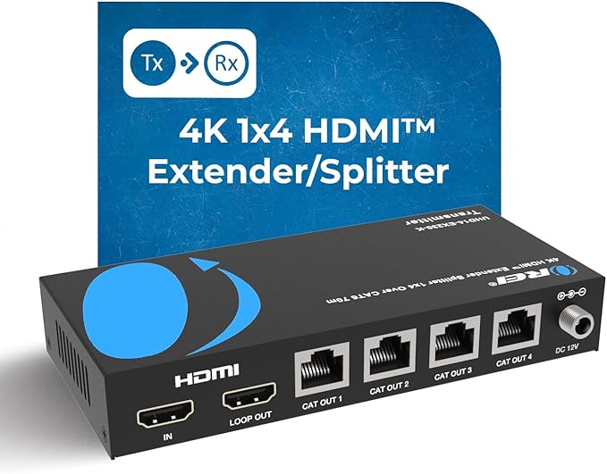 OREI 4K 1x4 HDMI Extender Splitter, Multiple Over Single Cable CAT6/7 4K@60Hz 4:4:4 HDCP 2.2 with EDID Management - Up to 230 Ft - Loop Out - Low Latency