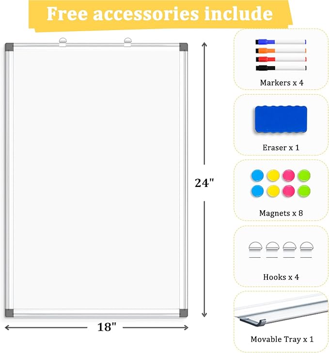 Double-Sided Magnetic Whiteboard, 24" x 18" Dry Erase Board Aluminum Frame for Wall, White Board Marker Board for Kitchen, Memo, School, Home, Office