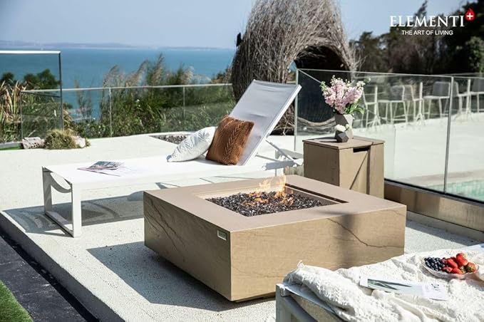 Elementi+ | Bundle Uluru Gas Fire Pit Cast Concrete 40" Square Fire Table, Outdoor Fire Pit Electronic Ignition | Canvas Cover, Fire Glass and Burner Lid Included | Sunlight Yellow | Natural Gas