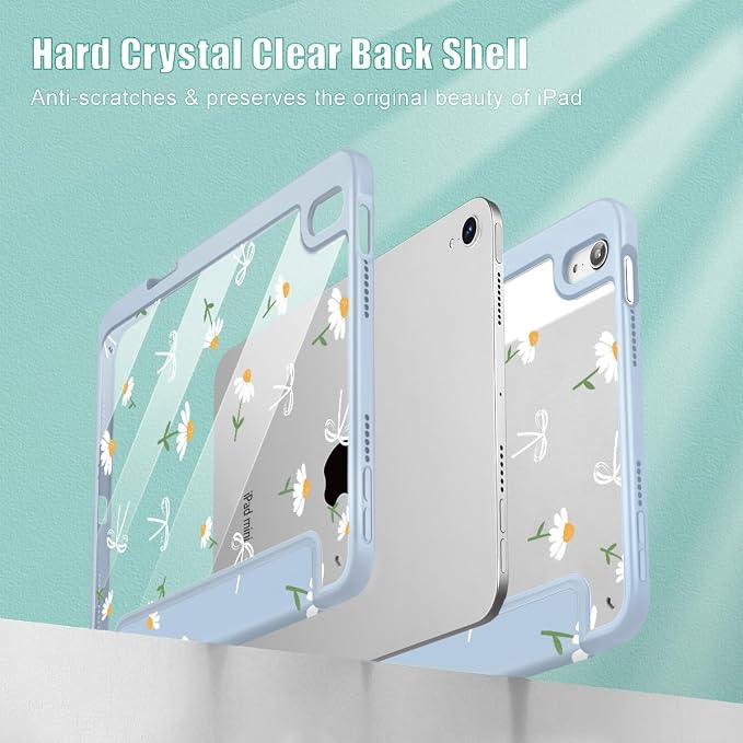Case for iPad mini (A17 Pro 7th Generation) 2024/iPad Mini (6th Gen) 8.3 Inch with [Built-in Pencil Holder] Shockproof Cover with Clear Transparent Back Shell &amp Auto Wake/Sleep - Blue Bows