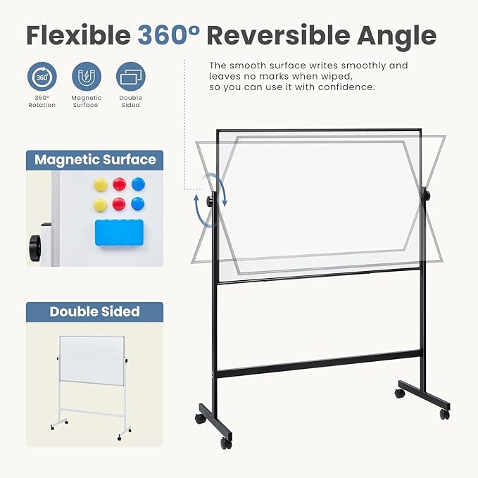 DUMOS Rolling Whiteboard Double Sided 46 x 32 Inches, Magnetic White Board Dry Erase on Wheels, Dry Erase Board with Stand for School, Office and Home, Silver Aluminium Frame, Black