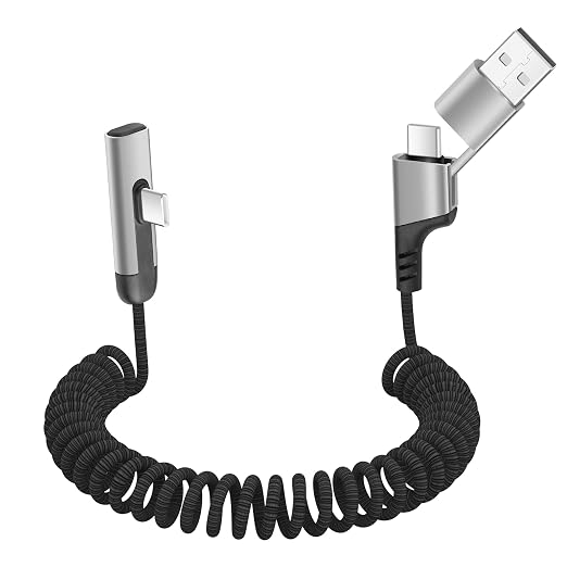 YACSEJAO Coiled USB C Charging Cable with USB A Adapter 2-in-1 Spring Coiled Phone Charger Cord 480Mbps Data Transfer Compatible Tablets Laptops Power Banks and More (Right Angle)