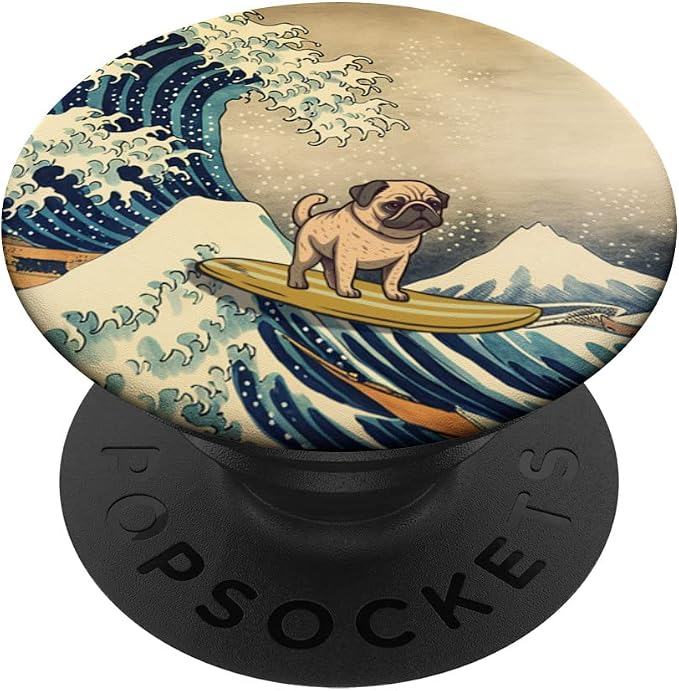 Surfing Pug Kanagawa Wave Japanese Dog Funny PopSockets Adhesive PopGrip