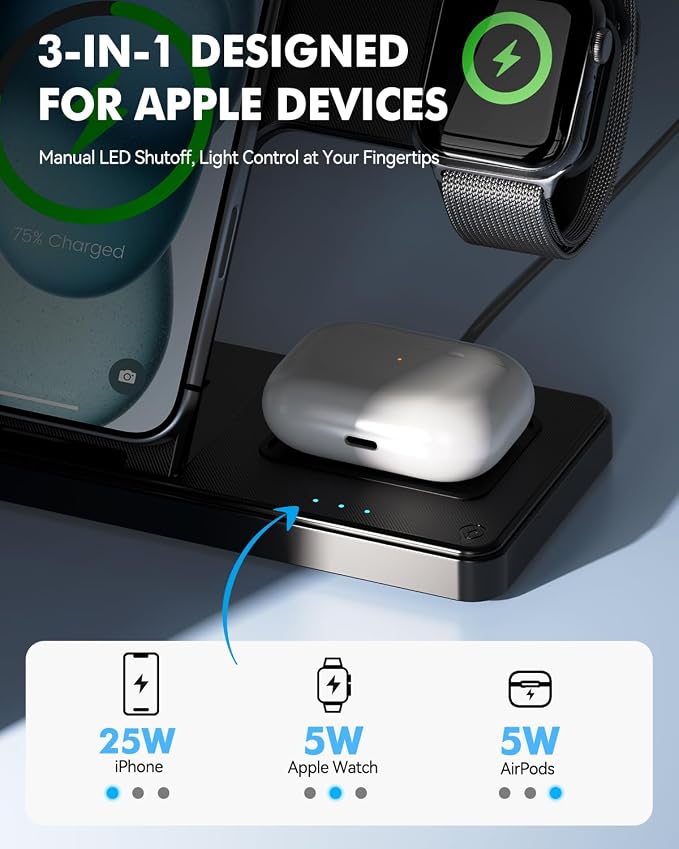 25W MagSafe Charging Station 3-in-1 Magnetic Wireless Charger Stand | Foldable Phone and Watch Charger for Apple Multiple Devices-iPhone Air 17 16 15 14 13 12 Pro Max Watch and AirPods-Black