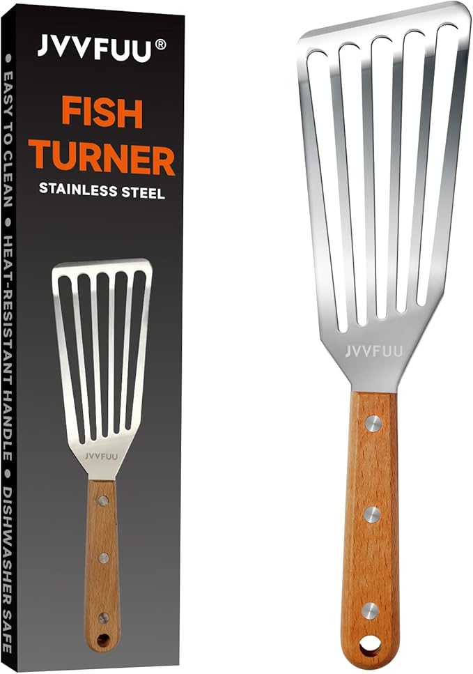 JVVFUU 11" Stainless Steel Slotted Fish Spatula with Wood Handle