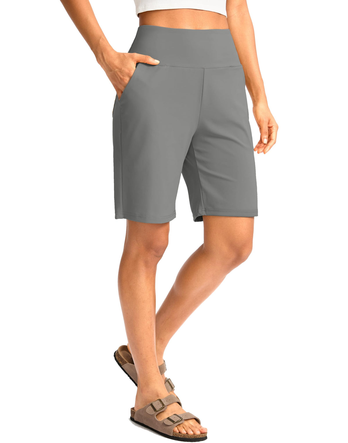 G Gradual Women's Bermuda Long Shorts with Pockets 9" High Waisted Knee Length Shorts for Women Walking Athletic Workout(Light Grey,XL)