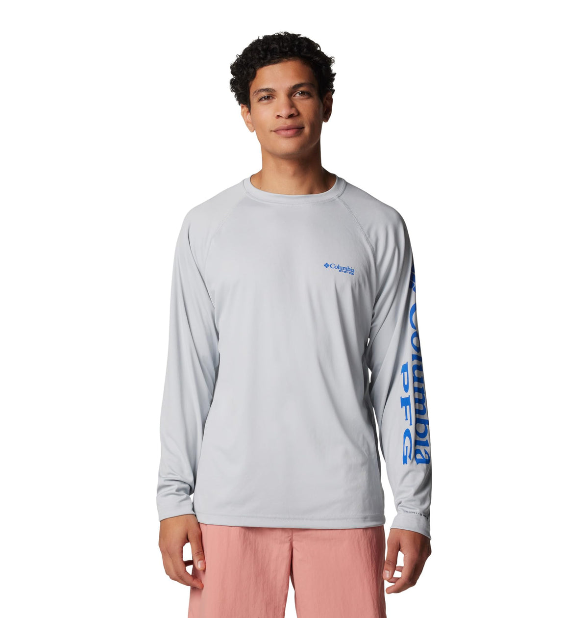 Columbia Men's PFG Terminal Tackle Long Sleeve Fishing Shirt, Cool Grey/Vivid Blue Logo, X-Large