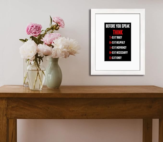Wieco Art Think Quotes Wall Art Inspirational Canvas Print Motivation Classroom Decor With White Picture Frame and Real Glass Made to Display 5x7" with Mat or 8x10" Without Mat for Home Office Wall Decoration