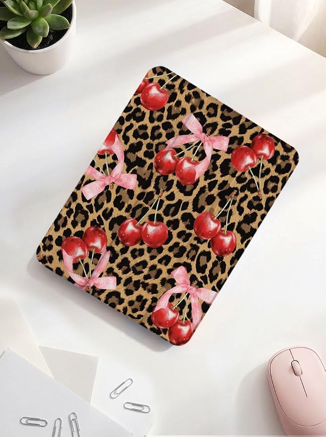 Case for iPad 9th/ 8th/ 7th Generation Case 10.2&amp10.5 Inch (2021/2020/2019 Release) Slim Lightweight Soft Trifold Back Cover with Pencil Holder &amp Auto Sleep/Wake Cover Cherries Cheetah Bows