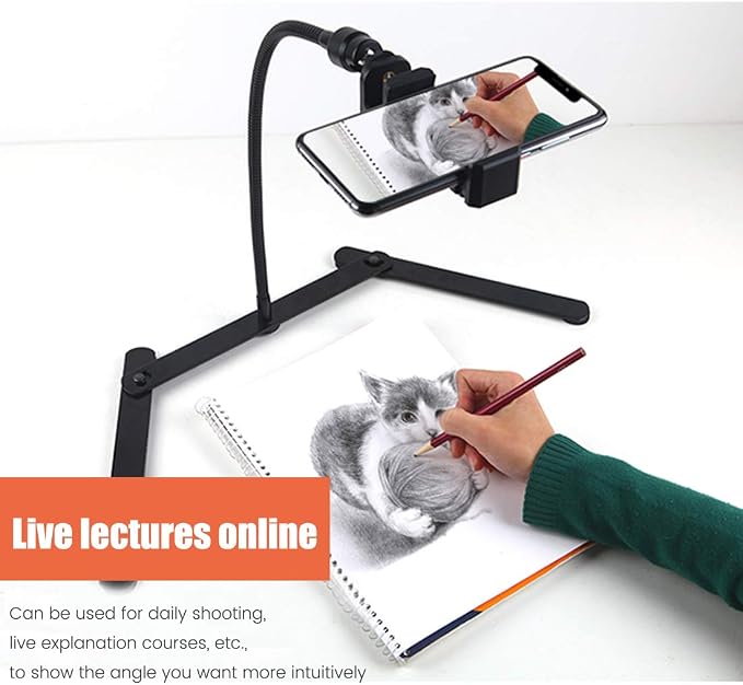 Ajustable Tripod with Cellphone Holder Overhead Phone Mount Table Top Teaching Online Stand for Live Streaming and Online Video and Food Crafting Demo Drawing Sketching Recording