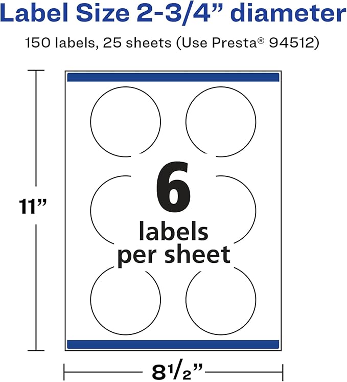Avery Glossy White Round Labels, Sure Feed Technology, 2.75" Diameter, 150 Glossy White Labels, Print-to-The-Edge, Permanent Adhesive, Laser/Inkjet Printable